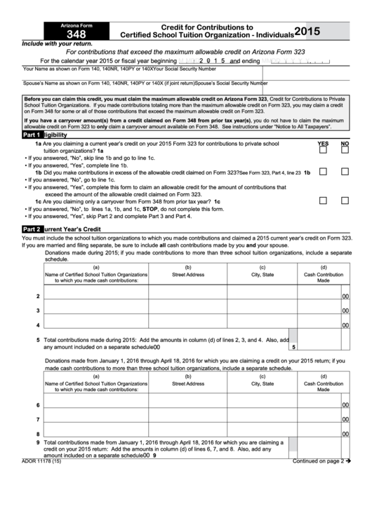 Fillable Arizona Form 348 - Credit For Contributions To Certified School Tuition Organization - Individuals - 2015 Printable pdf