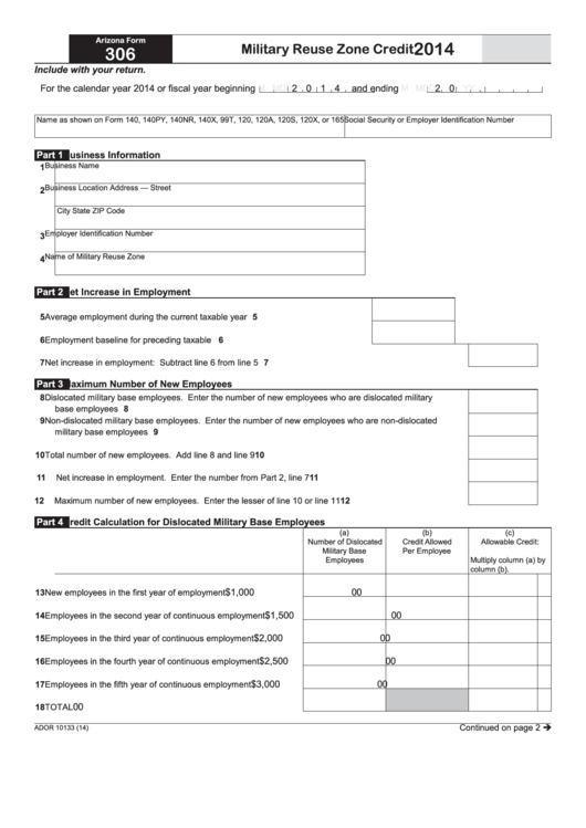 Fillable Arizona Form 306 - Military Reuse Zone Credit - 2014 Printable pdf