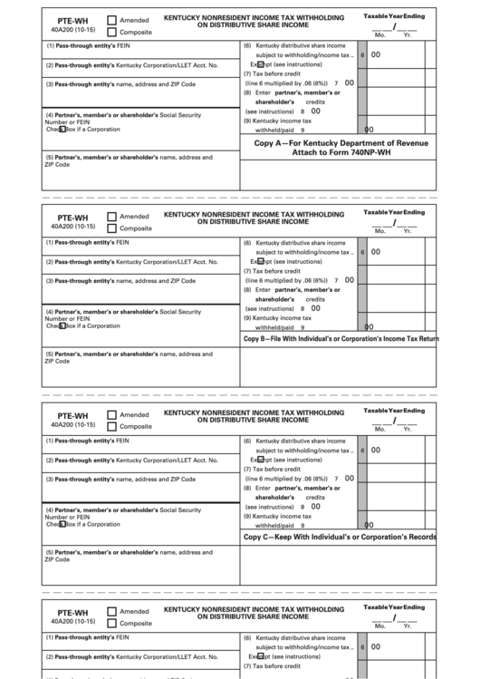 Form Pte-wh - Kentucky Nonresident Income Tax Withholding On Distributive Share Income