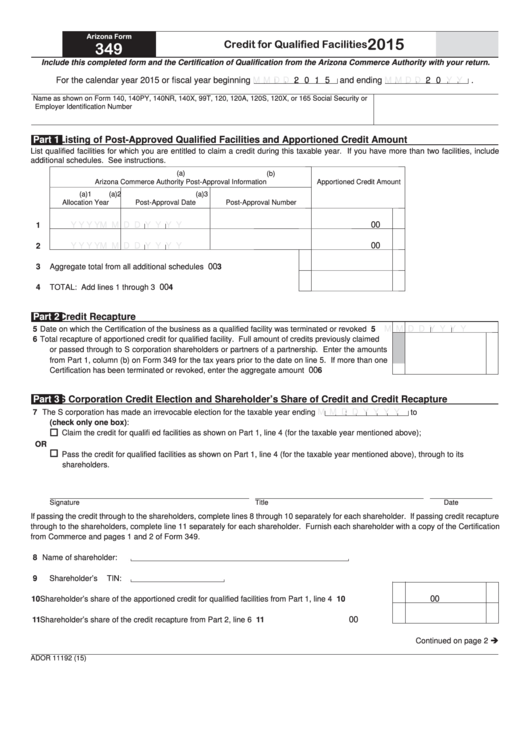 Fillable Arizona Form 349 - Credit For Qualified Facilities - 2015 Printable pdf
