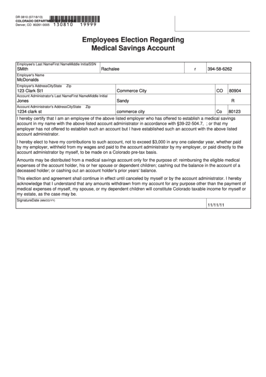 Fillable Form Dr 0810 - Employees Election Regarding Medical Savings Account Printable pdf