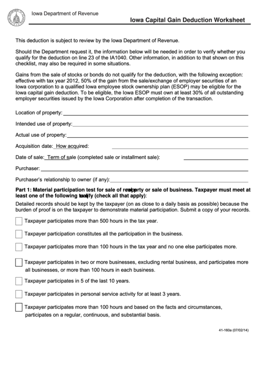 Form 41-160 - Iowa Capital Gain Deduction Worksheet Printable pdf