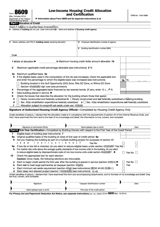 Fillable Form 8609 - Low-Income Housing Credit Allocation And Certification Printable pdf