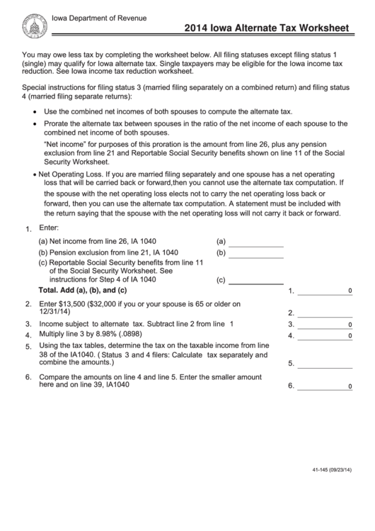 Fillable Form 41-145 - Iowa Alternate Tax Worksheet - 2014 Printable pdf