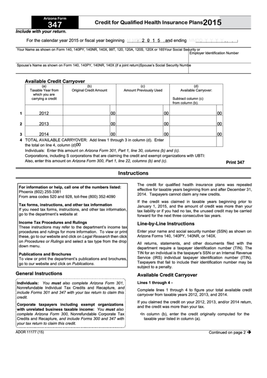 Fillable Arizona Form 347 - Credit For Qualified Health Insurance Plans - 2015 Printable pdf