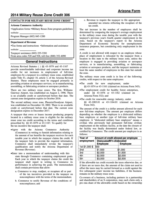 Instructions For Arizona Form 306 - Military Reuse Zone Credit - 2014 Printable pdf