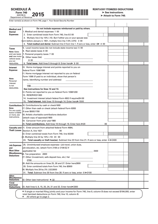 Fillable Schedule A (Form 740) - Kentucky Itemized Deductions - 2015 Printable pdf