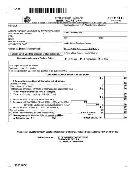Form Sc 1101 B - Bank Tax Return Printable pdf