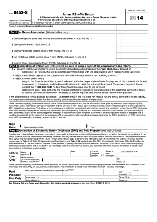 Fillable Form 8453-S - U.s. S Corporation Income Tax Declaration For An Irs E-File Return - 2014 Printable pdf
