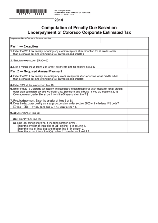 Fillable Form Dr 0205 - Computation Of Penalty Due Based On Underpayment Of Colorado Corporate Estimated Tax - 2014 Printable pdf