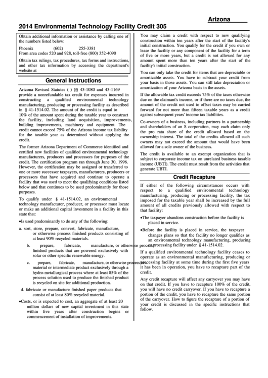 Instructions For Arizona Form 305 - Environmental Technology Facility Credit - 2014 Printable pdf