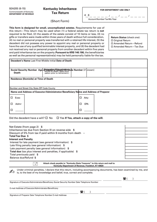 Short Form 92a205 - Kentucky Inheritance Tax Return Printable pdf