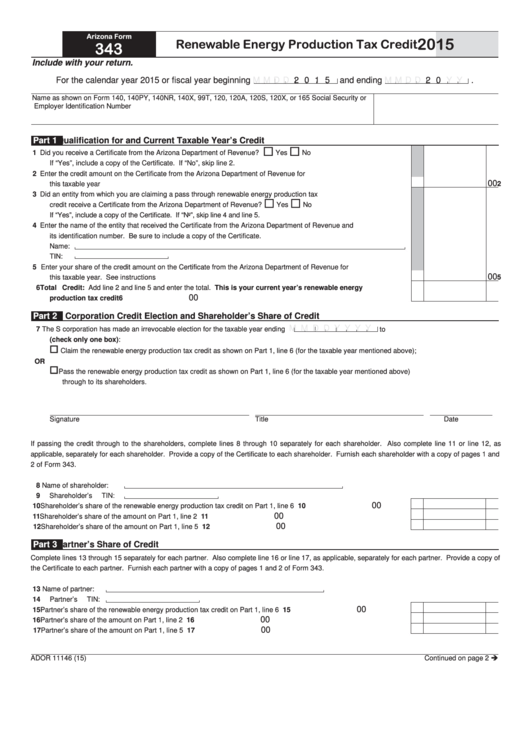Fillable Arizona Form 343 - Renewable Energy Production Tax Credit - 2015 Printable pdf