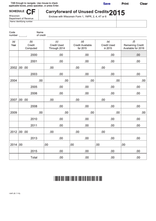 Fillable Schedule Cf - Carryforward Of Unused Credits - 2015 Printable pdf