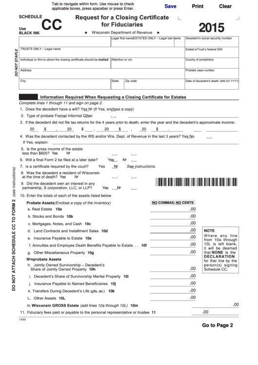 Fillable Schedule Cc - Request For A Closing Certificate For Fiduciaries - 2015 Printable pdf