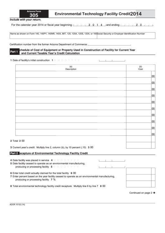 Fillable Arizona Form 305 - Environmental Technology Facility Credit - 2014 Printable pdf
