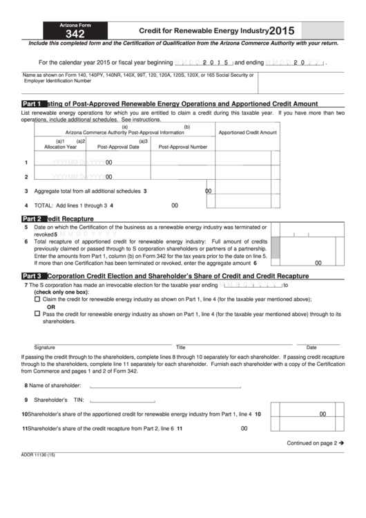 Fillable Arizona Form 342 - Credit For Renewable Energy Industry - 2015 Printable pdf