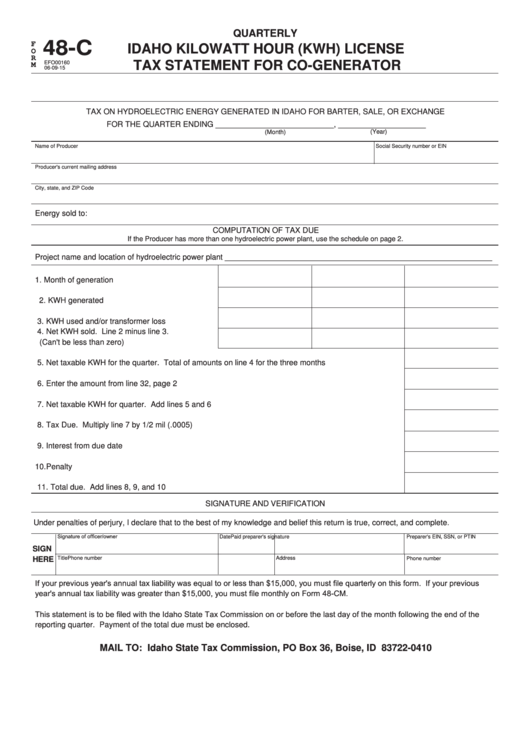 Form 48-C - Idaho Kilowatt Hour (Kwh) License Tax Statement For Co-Generator Printable pdf