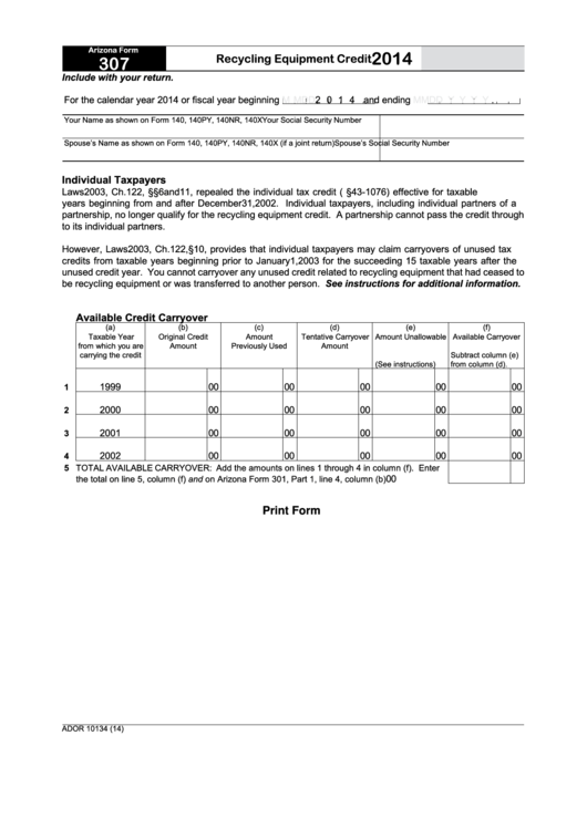 Fillable Arizona Form 307 - Recycling Equipment Credit - 2014 Printable pdf