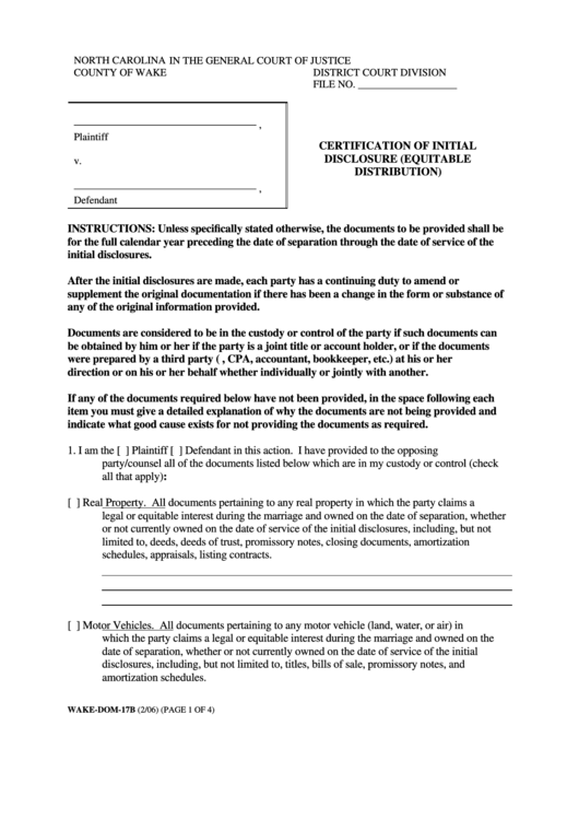 Form Wake-Dom-17b - Certification Of Initial Disclosure (Equitable Distribution) - County Of Wake, North Carolina Printable pdf