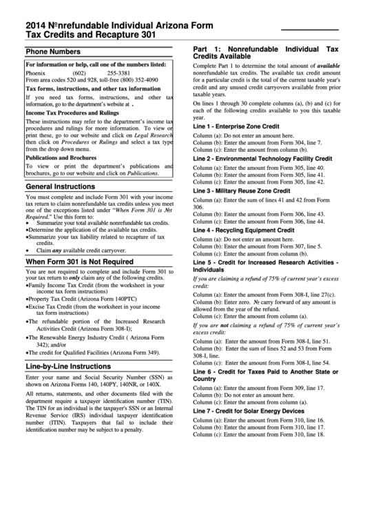 Arizona Form 301 - Nonrefundable Individual Tax Credits And Recapture - 2014 Printable pdf