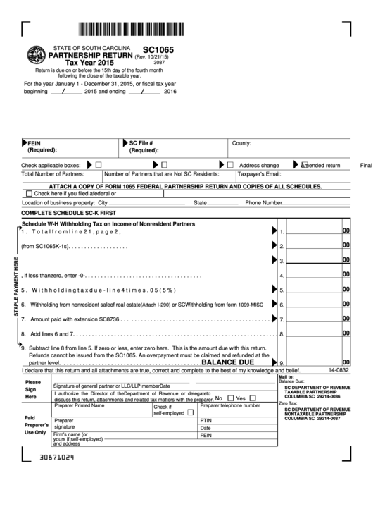 Form Sc1065 - Partnership Return - 2015 Printable pdf