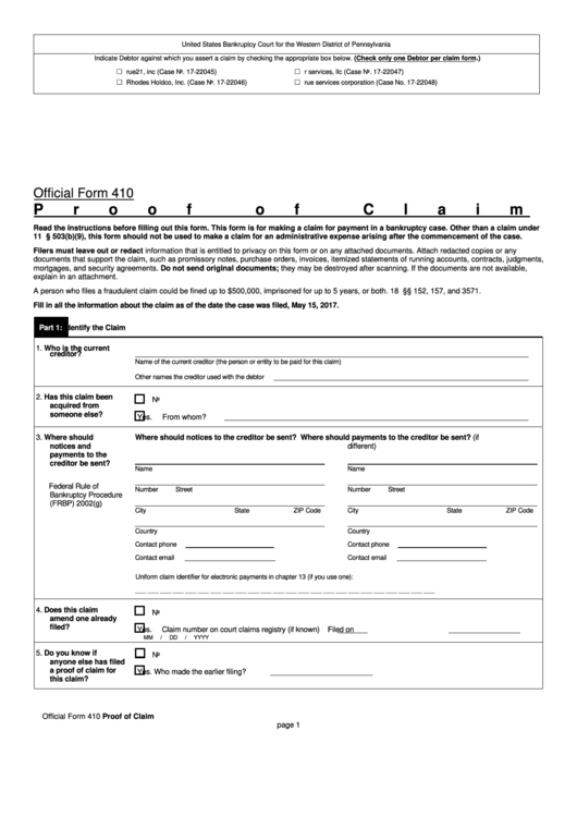 Official Form 410 - Proof Of Claim Printable pdf