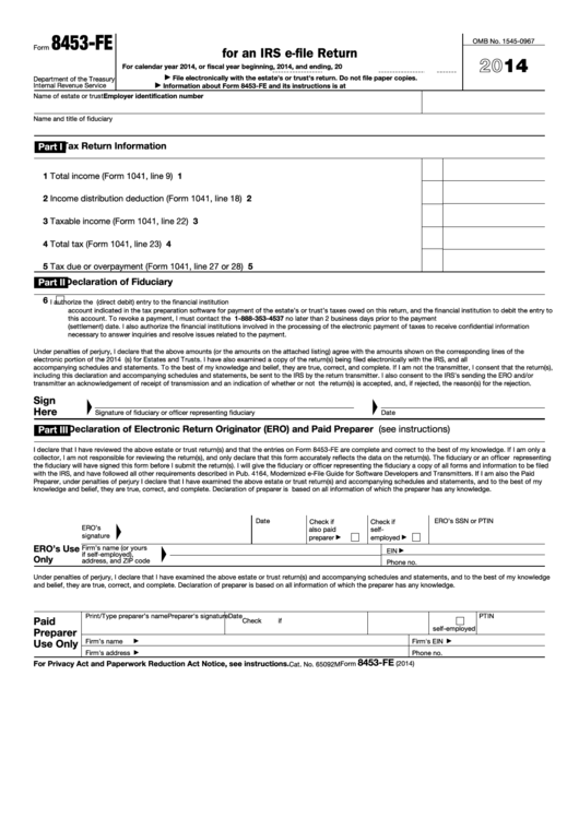 Fillable Form 8453-Fe - U.s. Estate Or Trust Declaration For An Irs E-File Return - 2014 Printable pdf