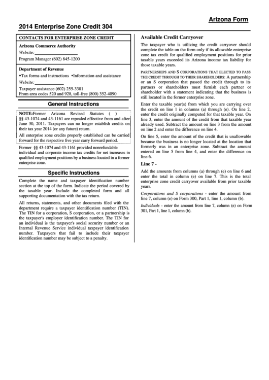 Instructions For Arizona Form 304 - Enterprise Zone Credit - 2014 Printable pdf