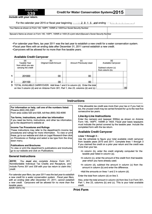 Fillable Arizona Form 339 - Credit For Water Conservation Systems - 2015 Printable pdf