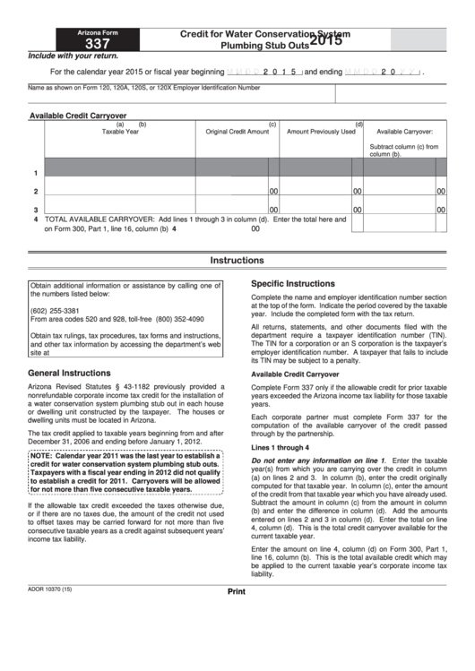 Fillable Arizona Form 337 - Credit For Water Conservation System Plumbing Stub Outs - 2015 Printable pdf