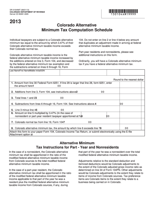 Fillable Form Dr 0104amt - Colorado Alternative Minimum Tax Computation Schedule - 2013 Printable pdf
