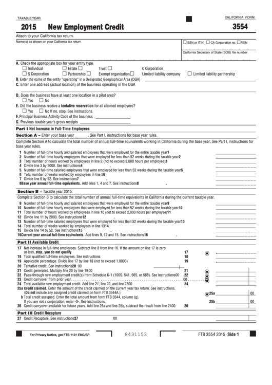 Form 3554 - California New Employment Credit - 2015 Printable pdf