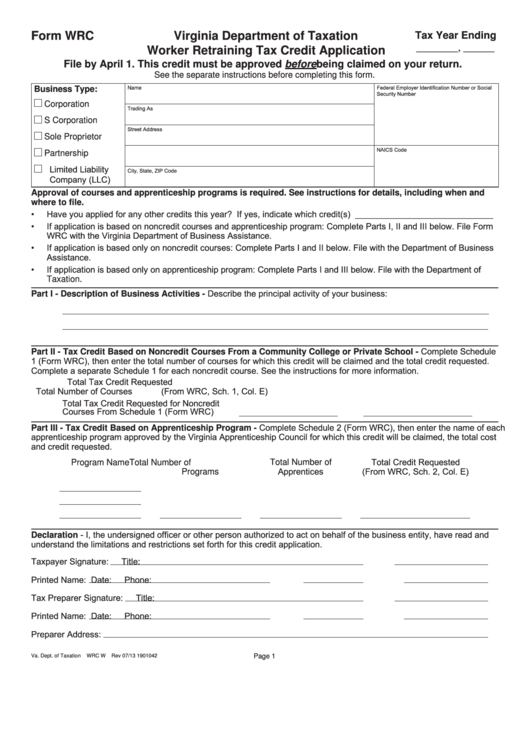 Fillable Form Wrc - Virginia Worker Retraining Tax Credit Application Printable pdf