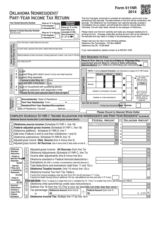 Fillable Form 511nr - Oklahoma Nonresident/part-Year Income Tax Return - 2014 Printable pdf