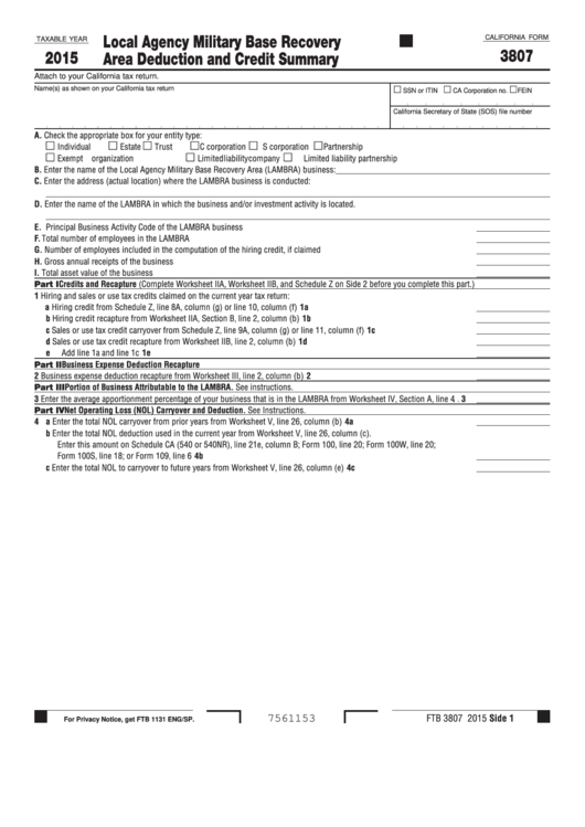 Fillable Form 3807 - California Local Agency Military Base Recovery Area Deduction And Credit Summary - 2015 Printable pdf