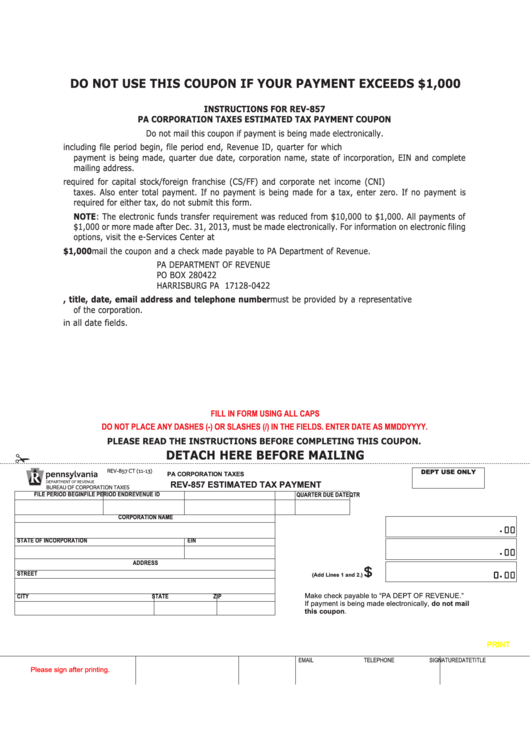 Fillable Form Rev-857 - Pennsylvania Estimated Tax Payment Printable pdf