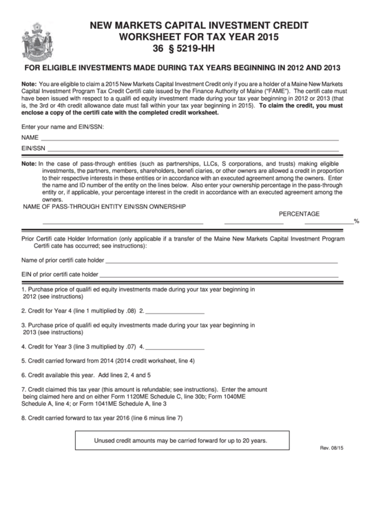 New Markets Capital Investment Credit Worksheet For Tax Year 2015 Printable pdf