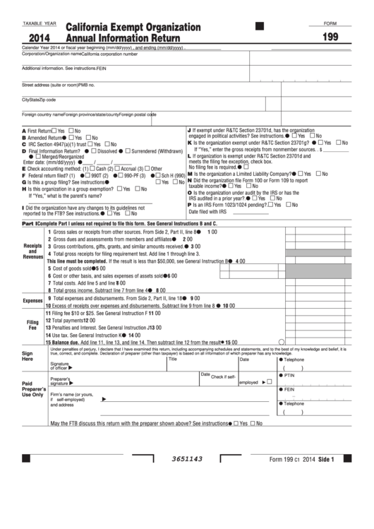 Fillable Form 199 - California Exempt Organization Annual Information Return - 2014 Printable pdf