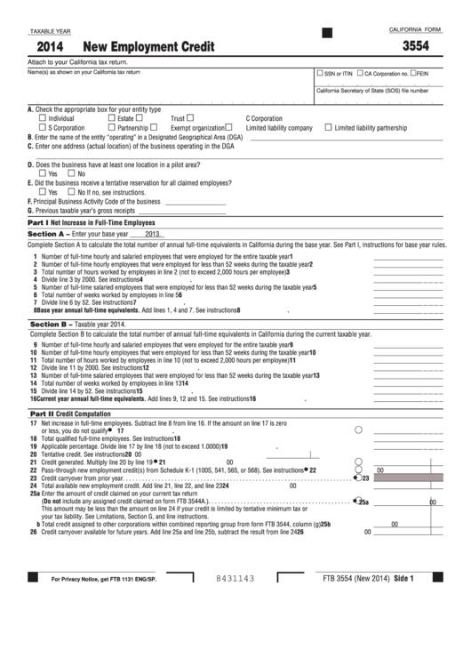 Form 3554 - California New Employment Credit - 2014 Printable pdf