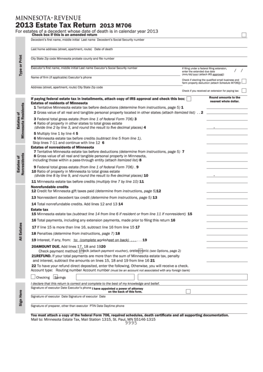 Fillable Form M706 - Estate Tax Return - Minnesota Department Of Revenue - 2013 Printable pdf