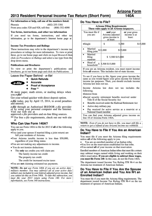 Instructions For Arizona Form 140a - Resident Personal Income Tax Return - 2013 Printable pdf