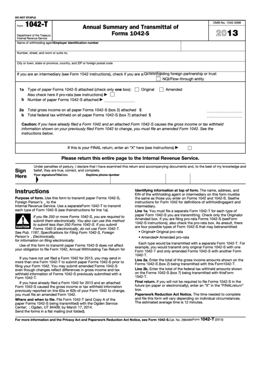 Fillable Form 1042-T - Annual Summary And Transmittal Of Forms 1042-S - - Department Of The Treasury - 2013 Printable pdf