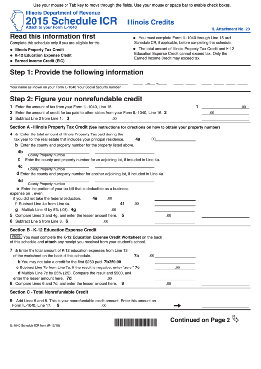 Fillable Schedule Icr - Illinois Credits - 2015 Printable pdf