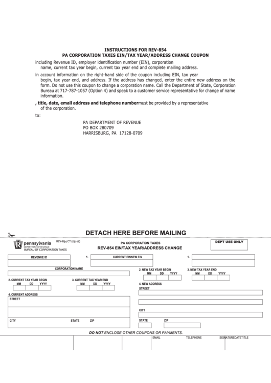 Form Rev-854 - Penssylvania Ein/tax Year/address Change Printable pdf