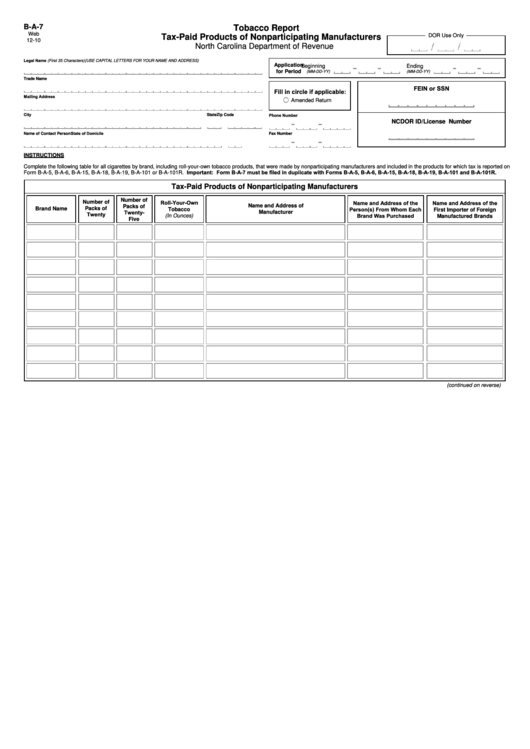 Fillable Form B-A-7 - Tobacco Report Tax-Paid Products Of Nonparticipating Manufacturers Printable pdf