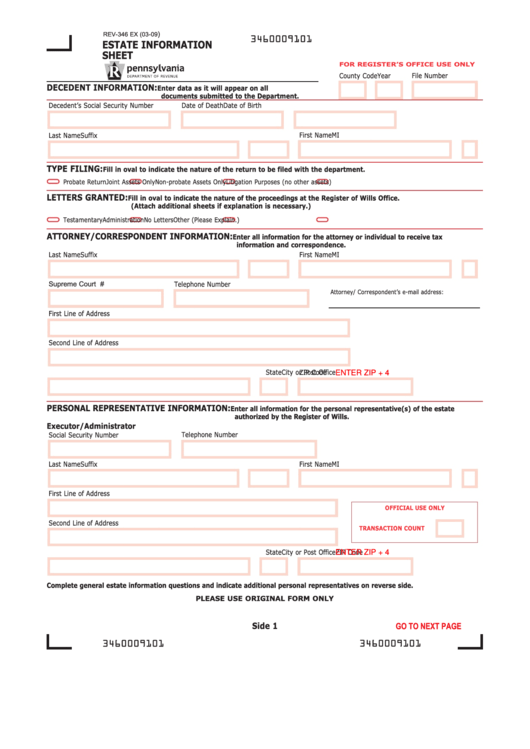 Fillable Form Rev-346 Ex - Estate Information Sheet Printable pdf