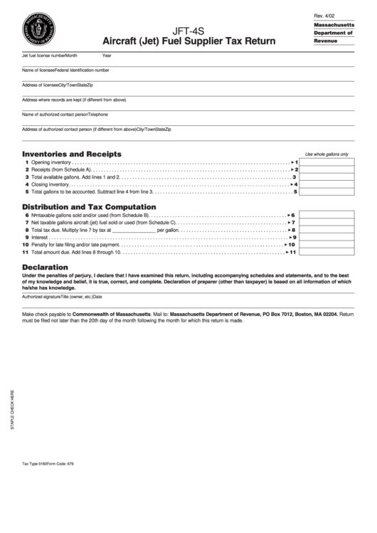 Fillable Form Ft-4s - Aircraft (Jet) Fuel Supplier Tax Return Printable pdf