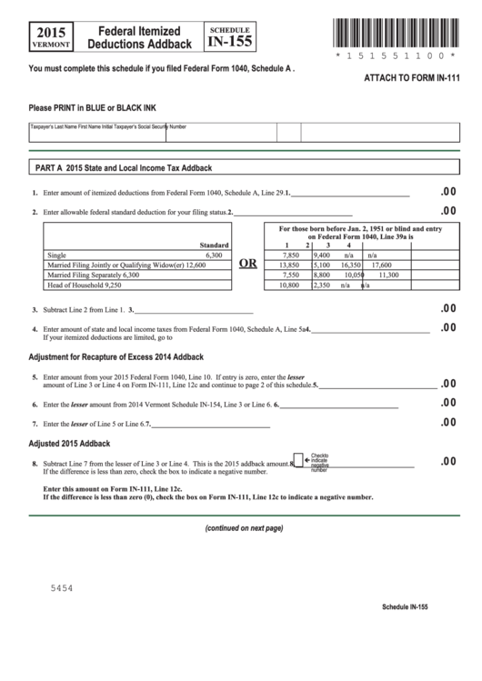 Fillable Schedule In-155 - Vermont Federal Itemized Deductions Addback - 2015 Printable pdf