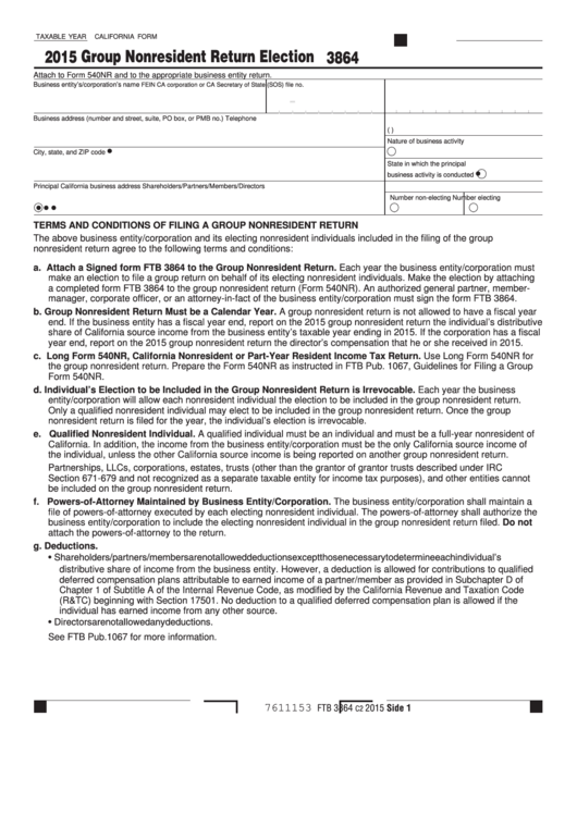Form 3864 - California Group Nonresident Return Election - 2015 Printable pdf